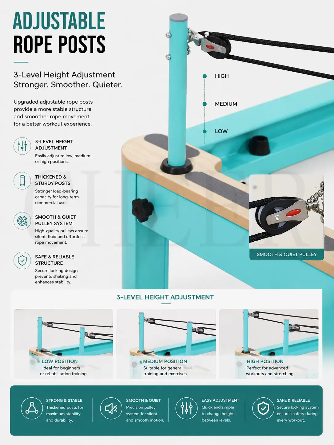 Aluminum Pilates Reformer rope rise adjustable