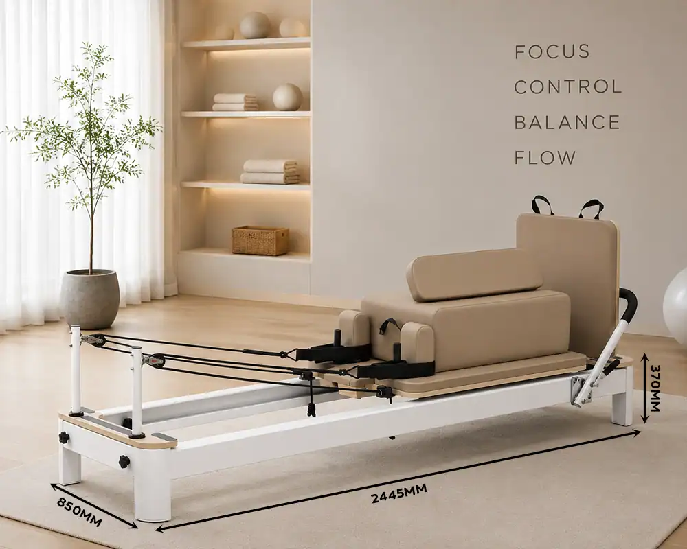 CP101A white frame aluminum pilates reformer size