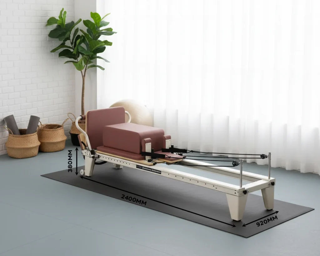 CP108 Full Track Aluminum Pilates Reformer Size Chart CP108 full track aluminum Pilates reformer size chart with product dimensions