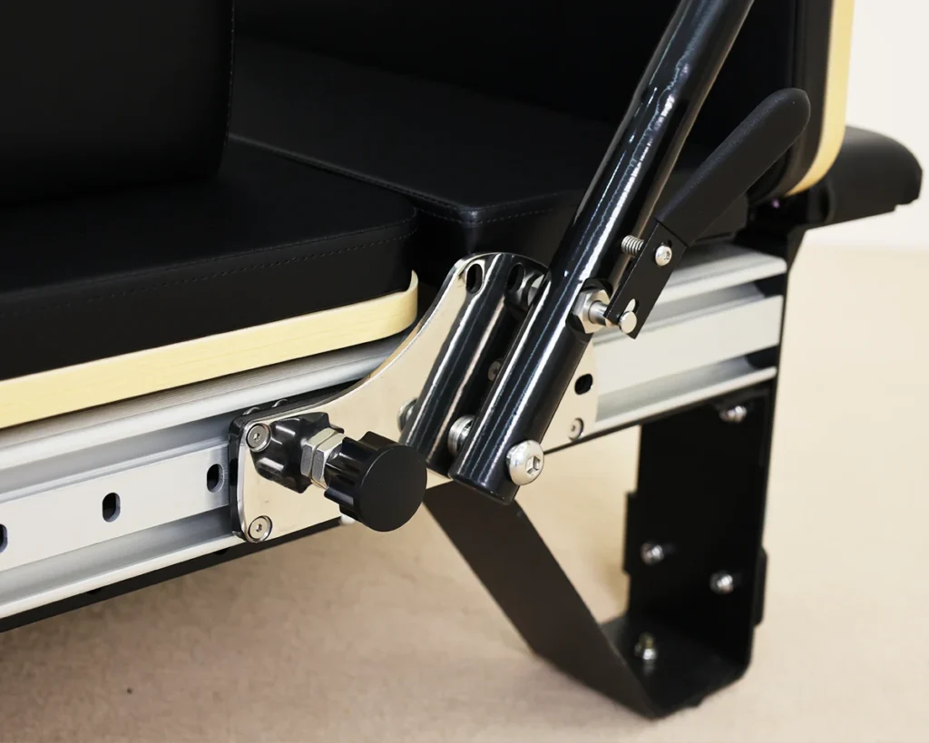 CP109 Adjustable Footbar Aluminum Pilates Reformer CP109 adjustable footbar detail on aluminum pilates reformer