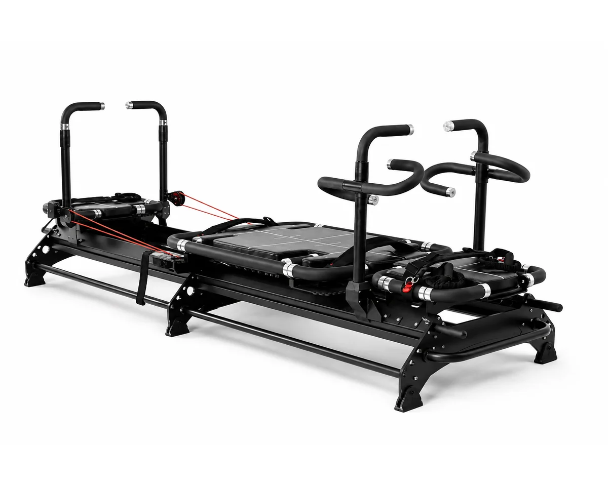 CP110 steel Mega Reformer rear three-quarter view