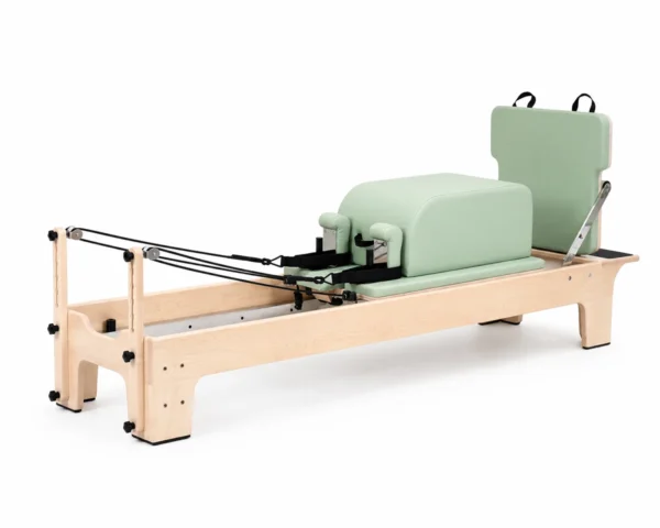 CP160 maple wood pilates reformer green upholstery view