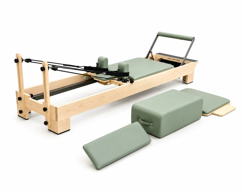 CP161 Maple Wood Pilates Reformer Side Front View CP161 maple wood pilates reformer side front view