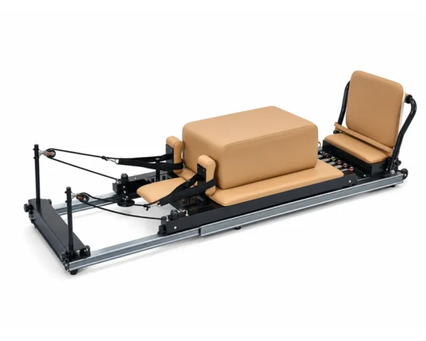 Three-quarter view of CP203 commercial aluminum Pilates reformer