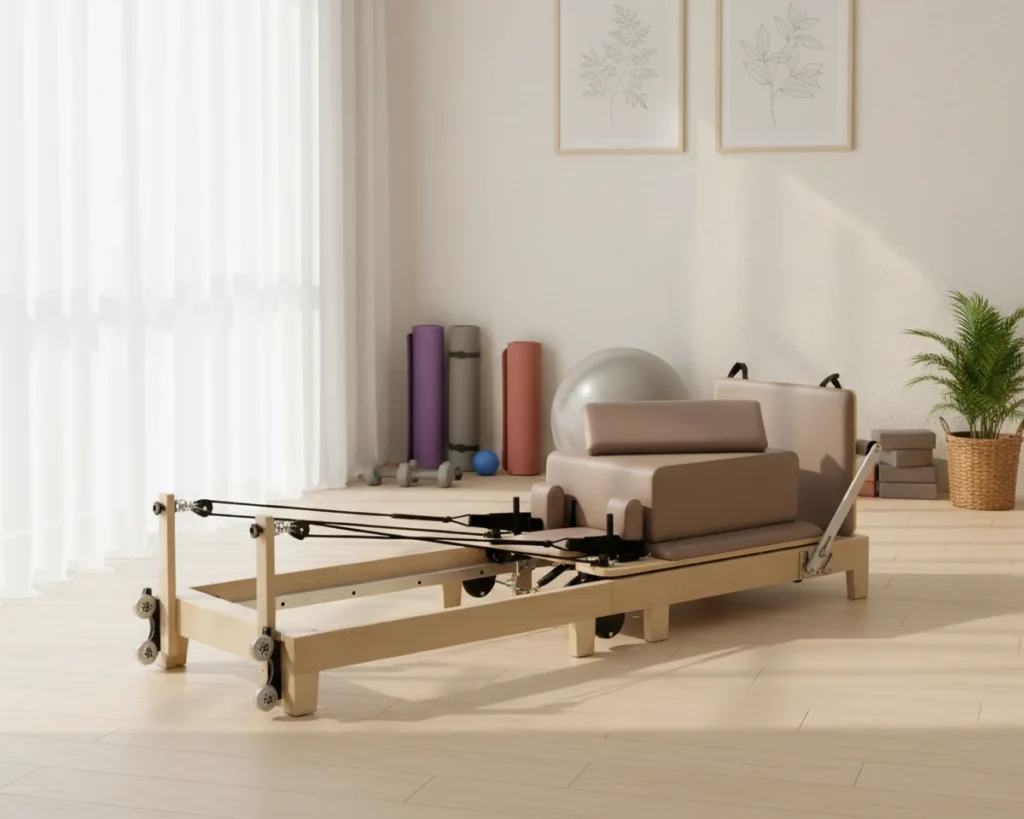 CP204 Maple Folding Pilates Reformer for Studios Maple folding Pilates reformer CP204 in a commercial studio