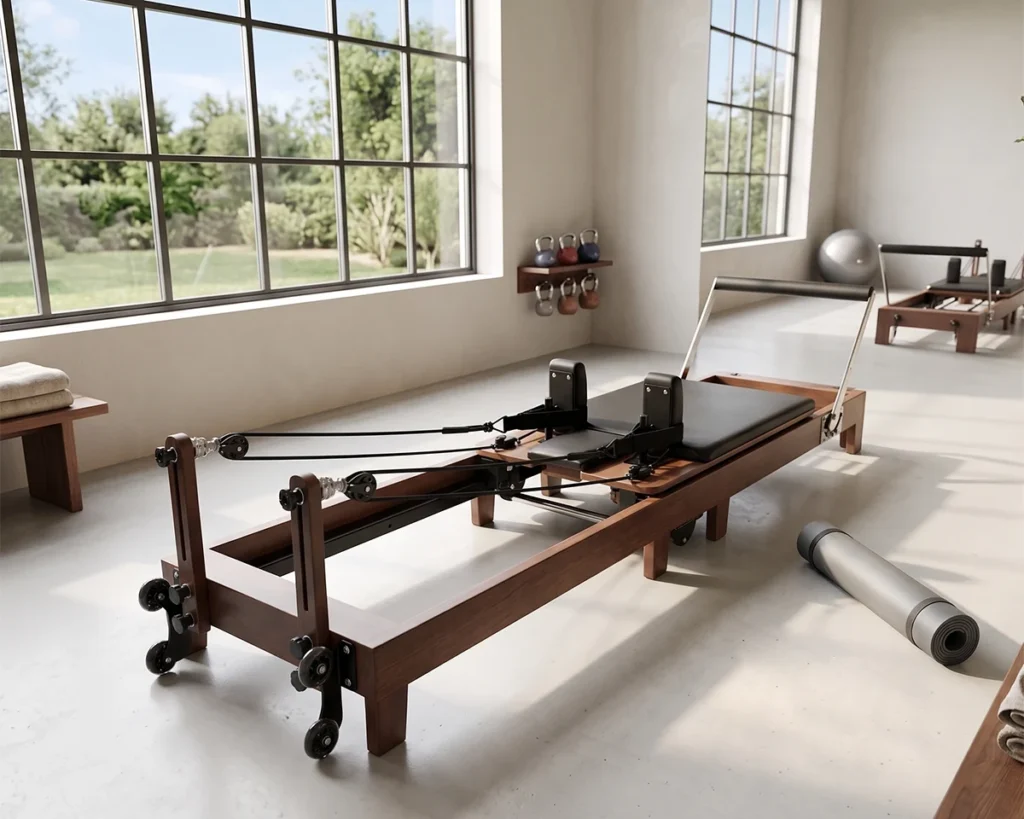 CP208 walnut finish folding Pilates reformer in studio CP208 walnut finish folding Pilates reformer in studio