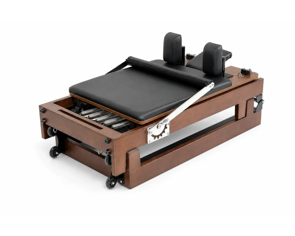 CP208 walnut finish reformer compact folded view CP208 walnut finish reformer compact folded view