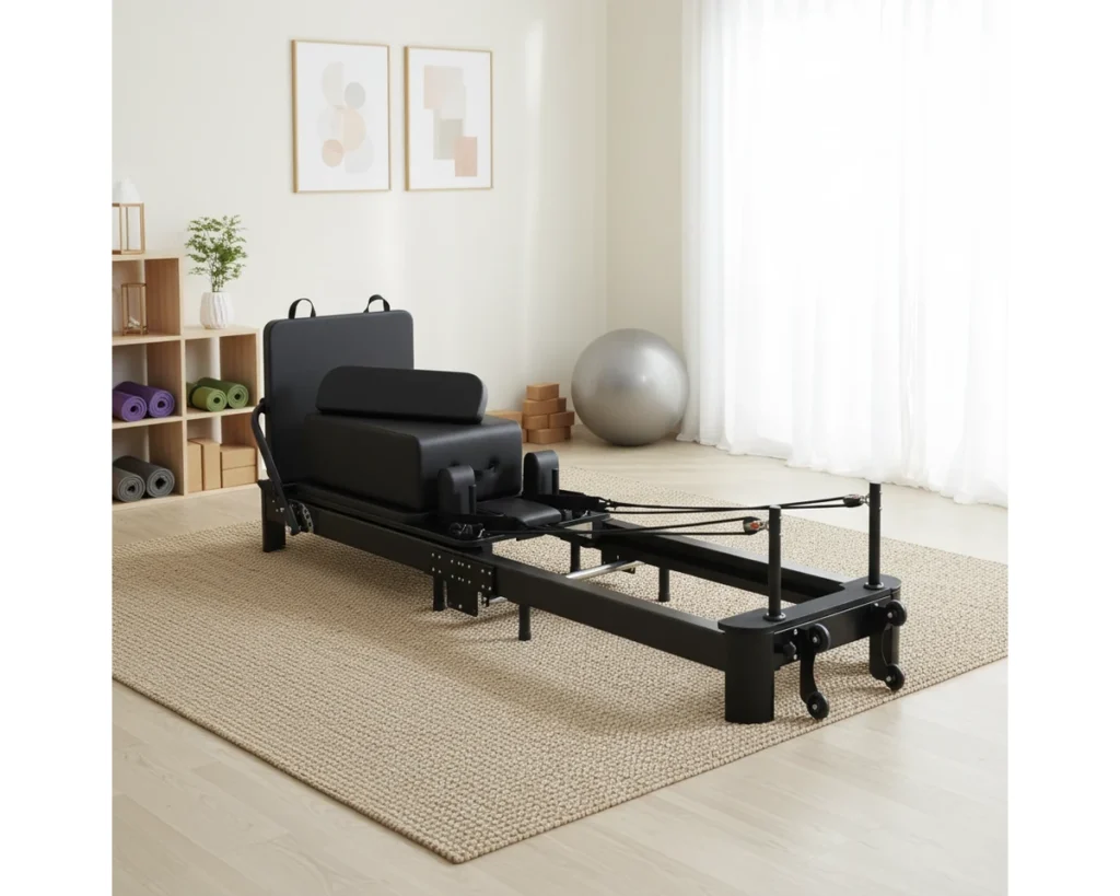 CP221 Black Foldable Aluminum Pilates Reformer in Studio CP221 Black Foldable Aluminum Pilates Reformer in Studio