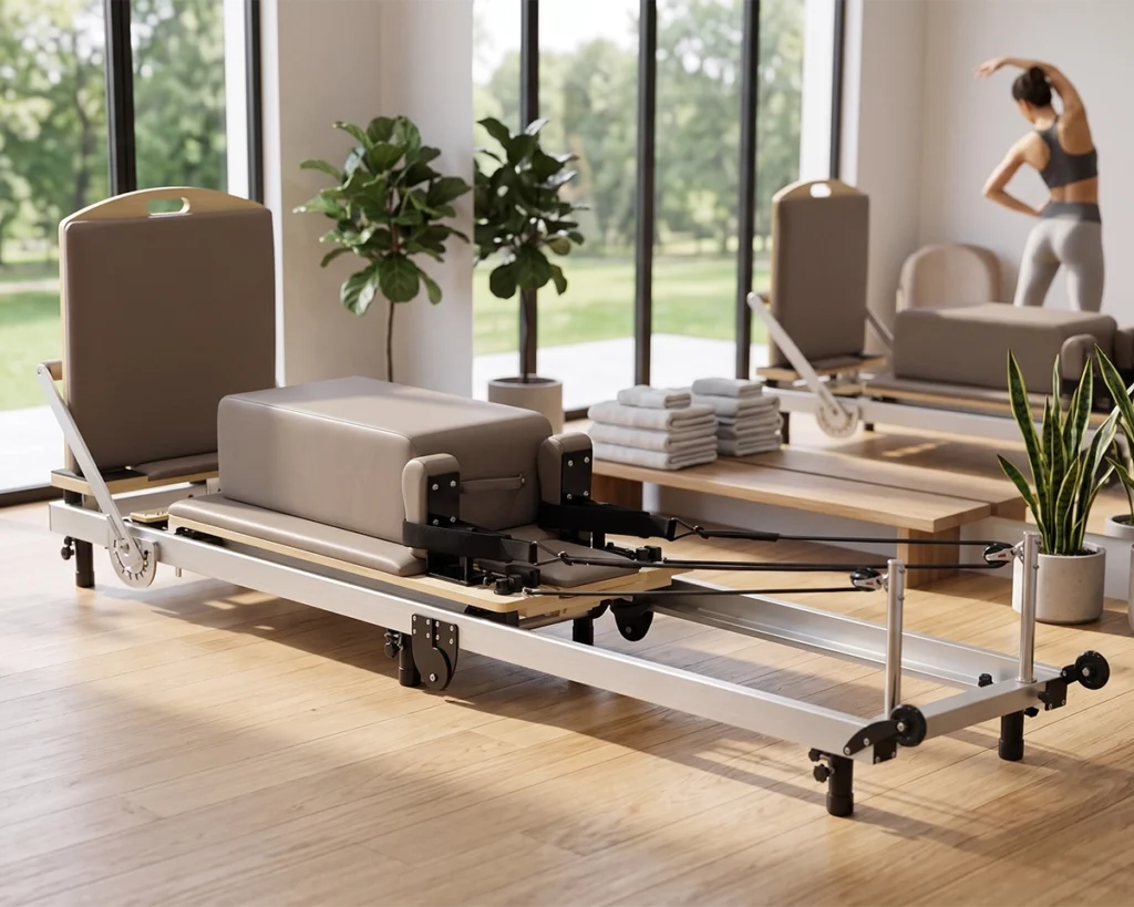 CP222 Aluminum Folding Reformer – Studio Scene CP222 aluminum folding Pilates reformer in a bright studio