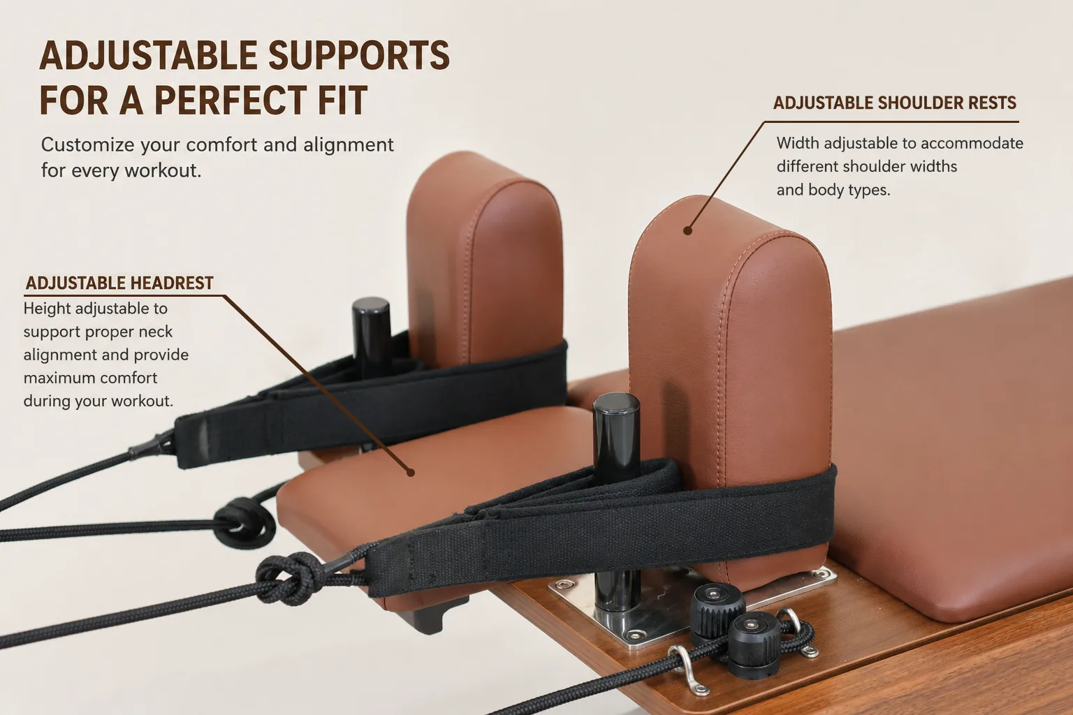Adjustable headrest and shoulder rests for Pilates reformer