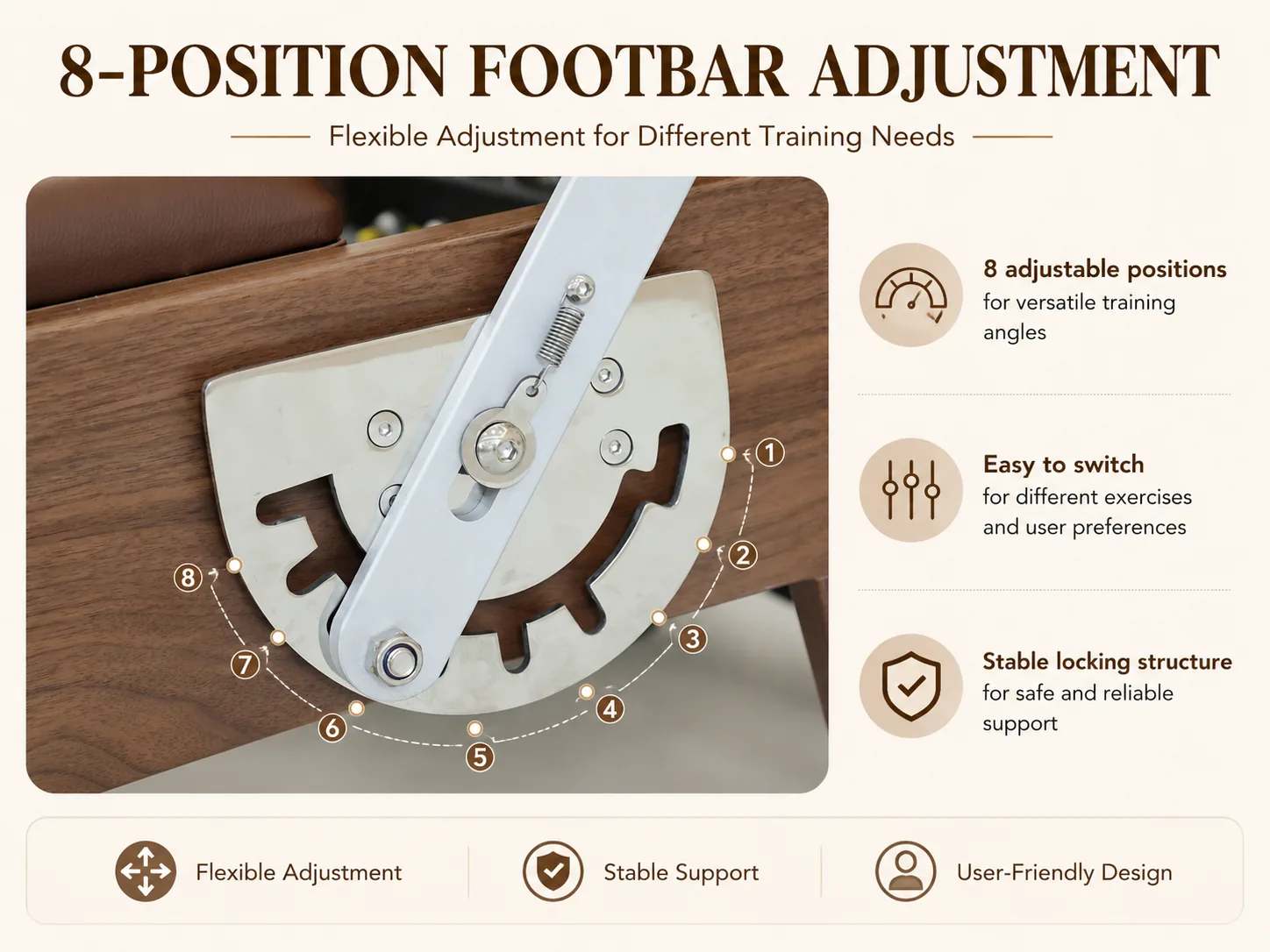 Adjustable footbar on CP169 walnut Pilates reformer