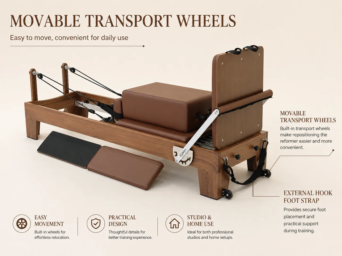 Transport wheels on walnut wood Pilates reformer CP169