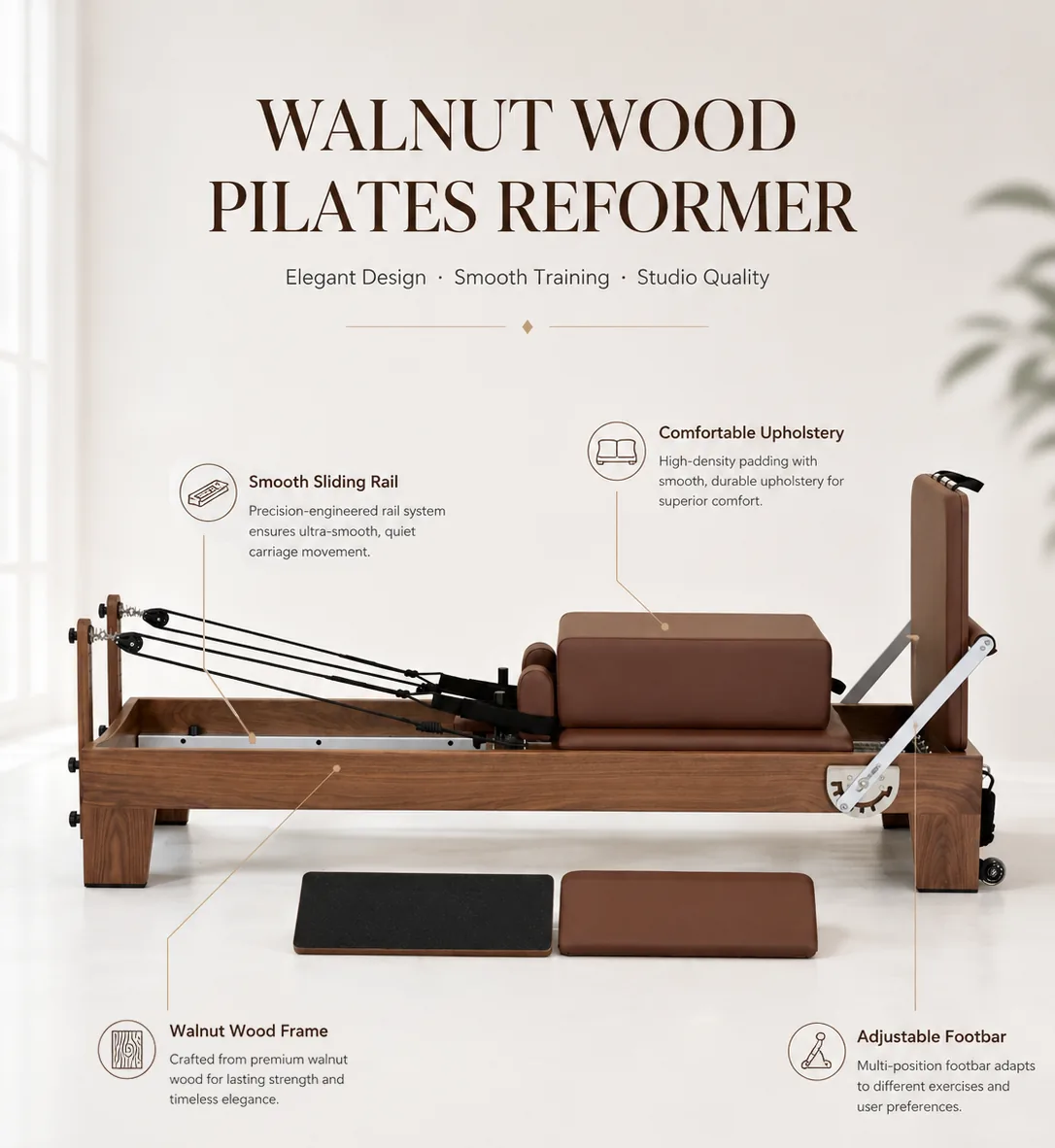 CP169 walnut wood Pilates reformer overall view