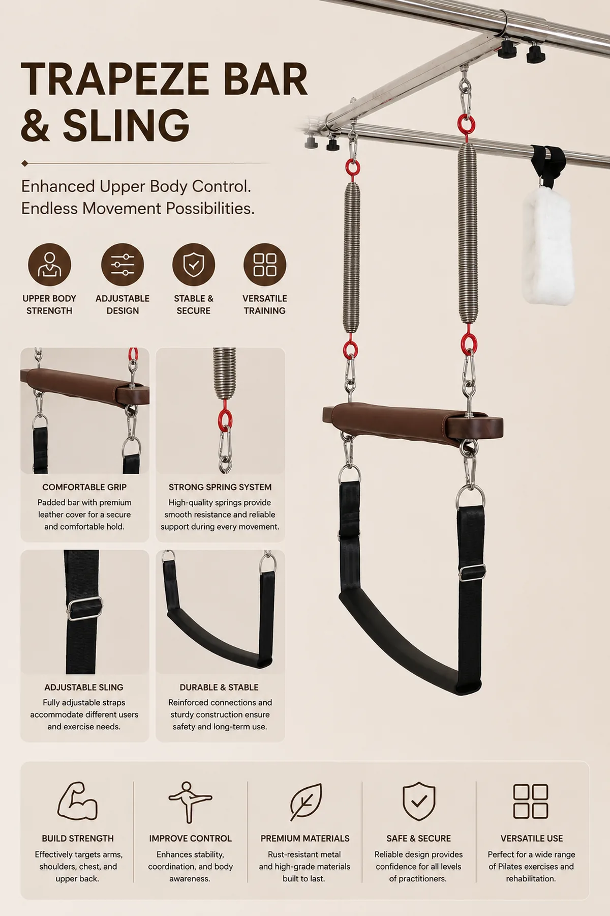 Pilates Cadillac sling and trapeze accessories