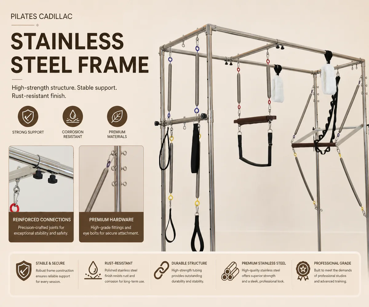 Solid walnut wood frame on CP347 Pilates Cadillac