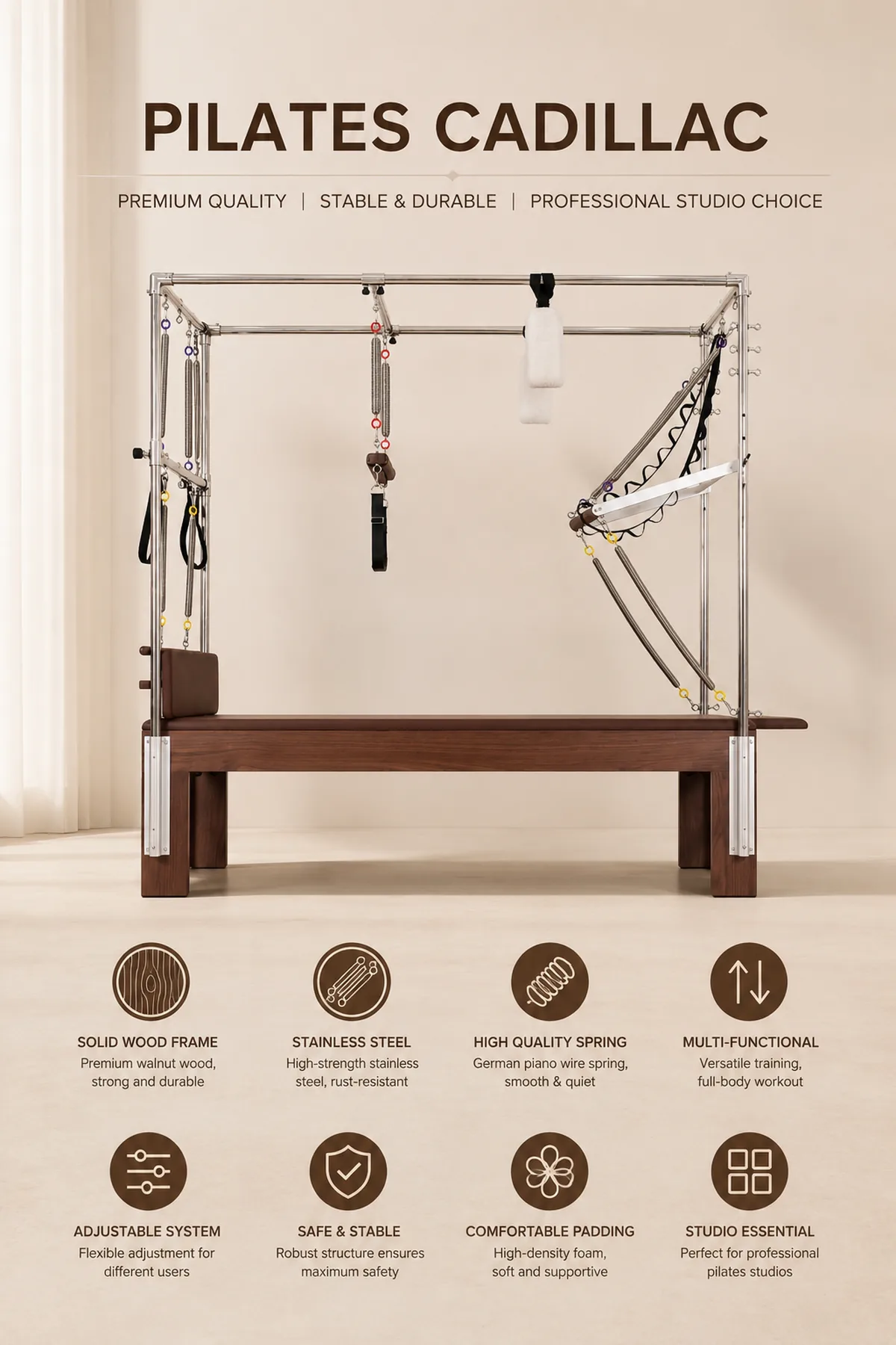 CP347 walnut wood Cadillac reformer overall detail